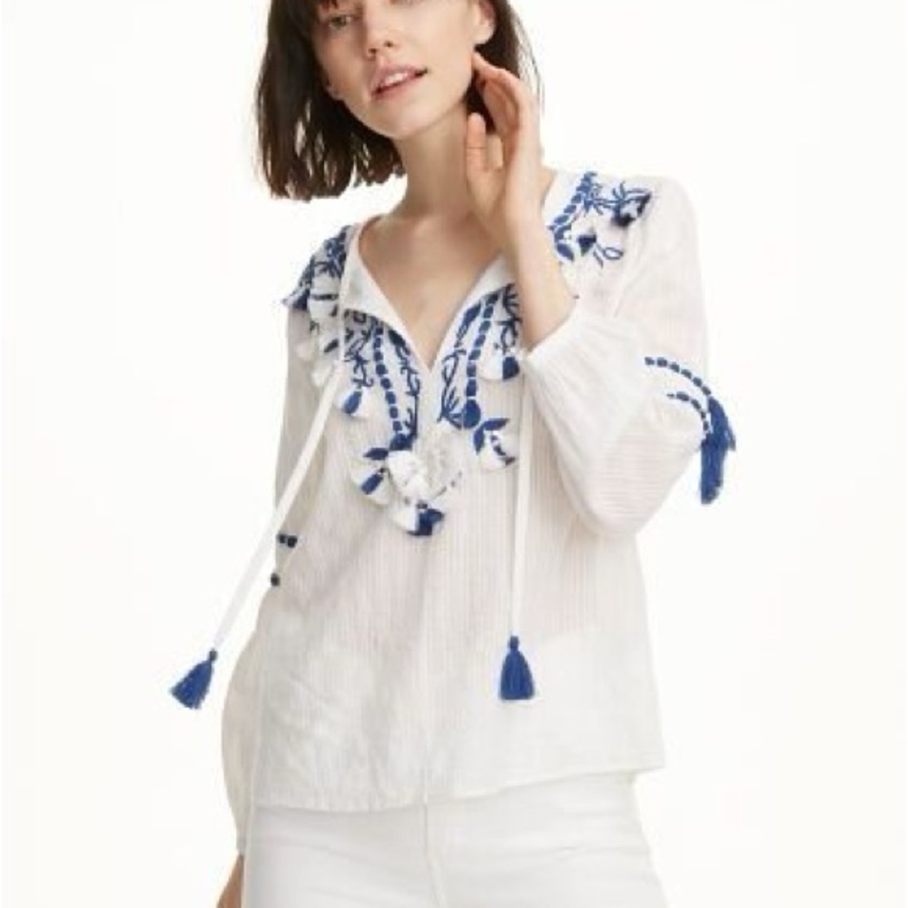 Boho Embroidered White and Blue Women's Top
